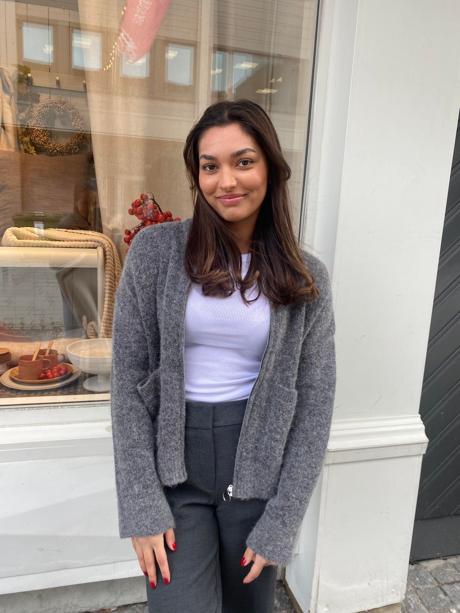 Sia Ras Zipper Strikket Cardigan - Grå/ Medium Grey Melange